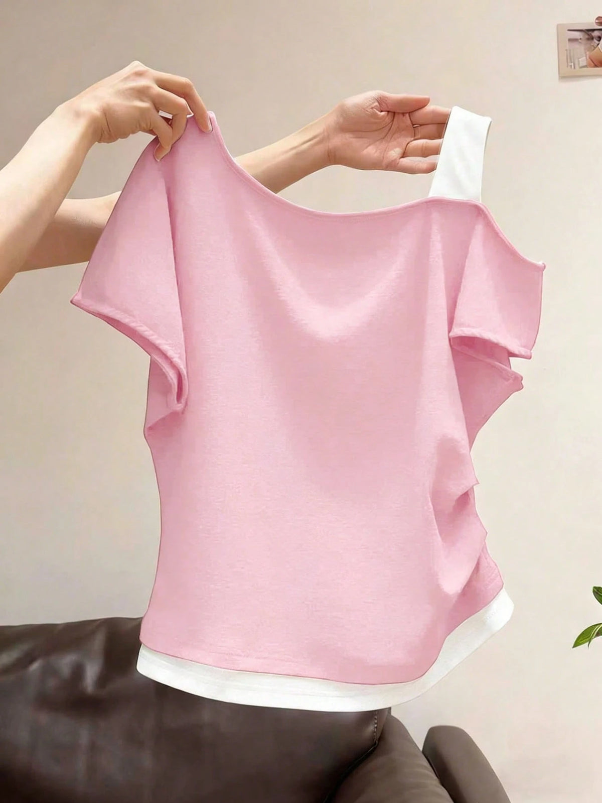 Resyla Women's Asymmetric Shoulder 2 In 1 Short Sleeve T-Shirt, Summer