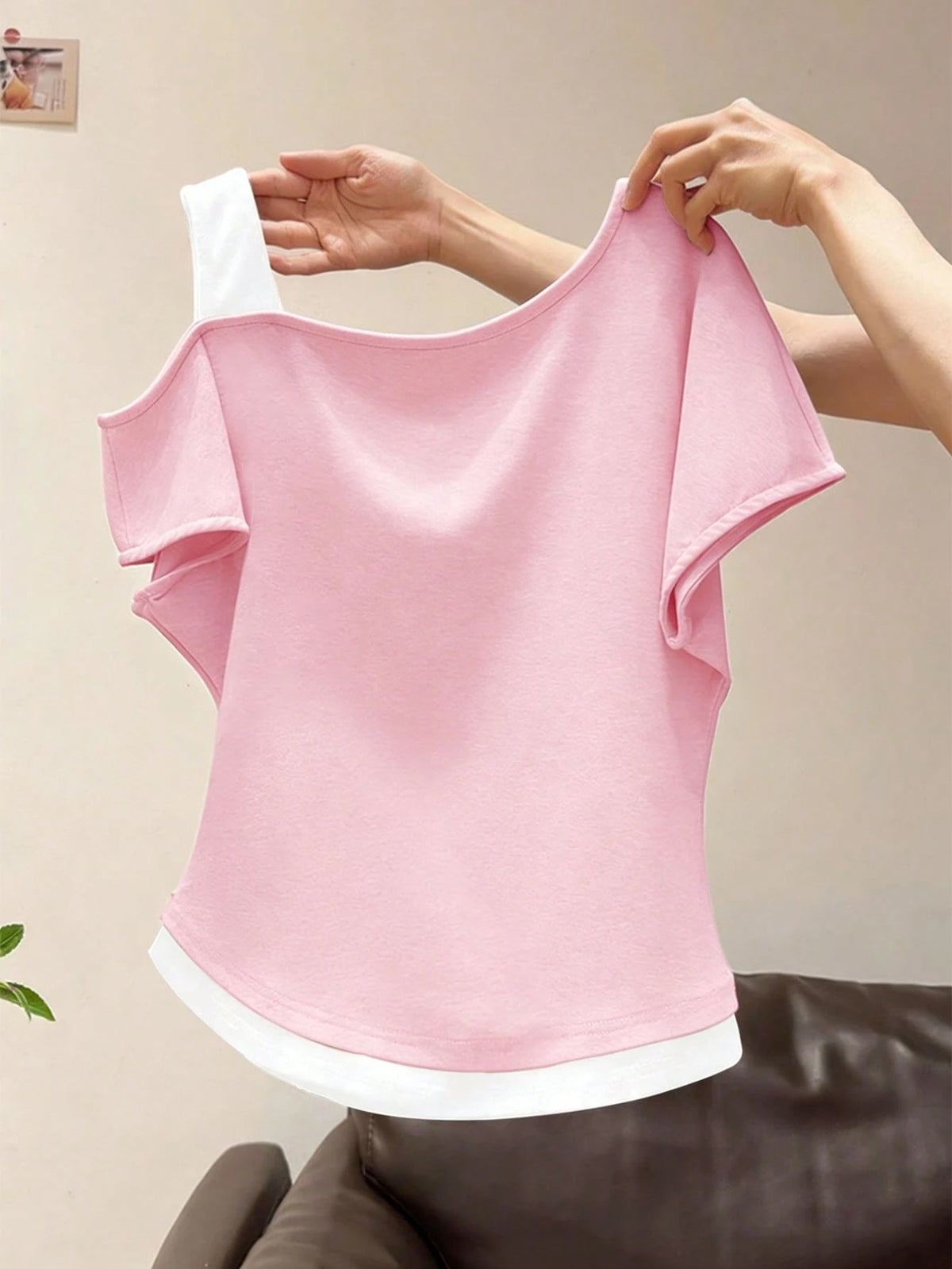 Resyla Women's Asymmetric Shoulder 2 In 1 Short Sleeve T-Shirt, Summer