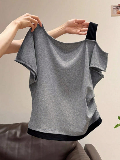 Resyla Women's Asymmetric Shoulder 2 In 1 Short Sleeve T-Shirt, Summer