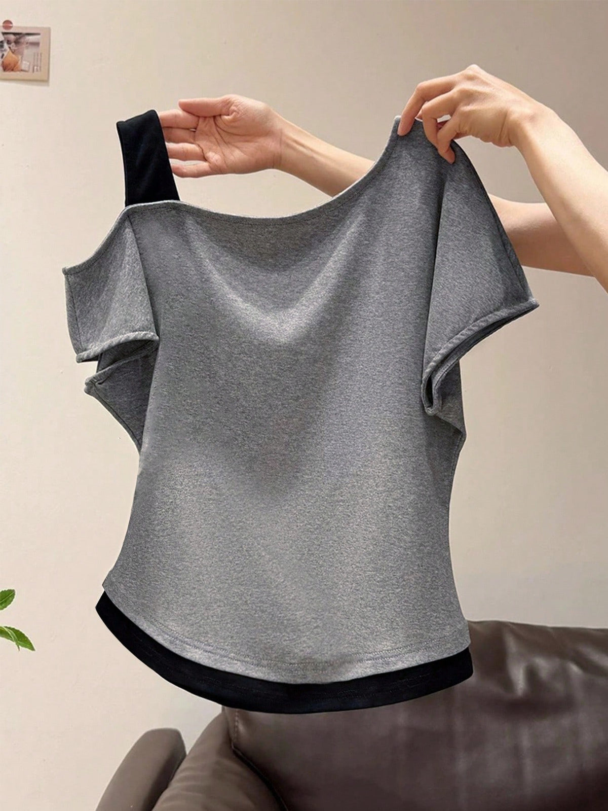 Resyla Women's Asymmetric Shoulder 2 In 1 Short Sleeve T-Shirt, Summer