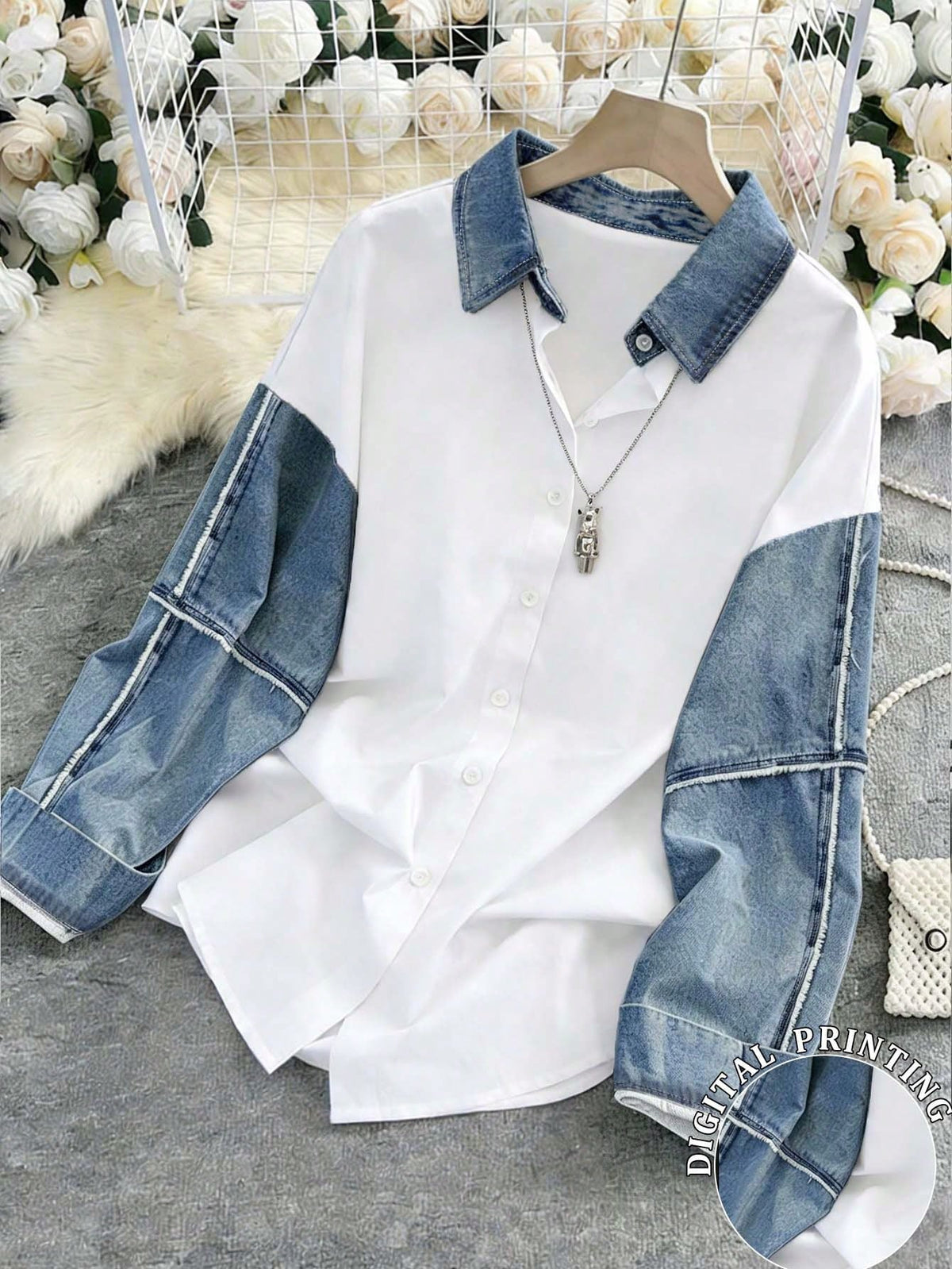 Resyla Women's Casual Loose Contrast Color Patchwork Long Sleeve Shirt