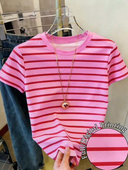 Resyla Women's Casual Striped Print Round Neck Short Sleeve T-Shirt, Suitable For Summer Holiday And Daily Commute