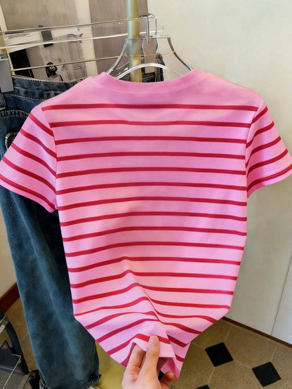 Resyla Women's Casual Striped Print Round Neck Short Sleeve T-Shirt, Suitable For Summer Holiday And Daily Commute