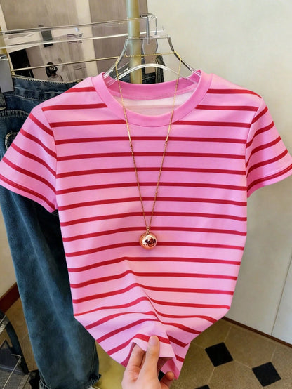 Resyla Women's Casual Striped Print Round Neck Short Sleeve T-Shirt, Suitable For Summer Holiday And Daily Commute