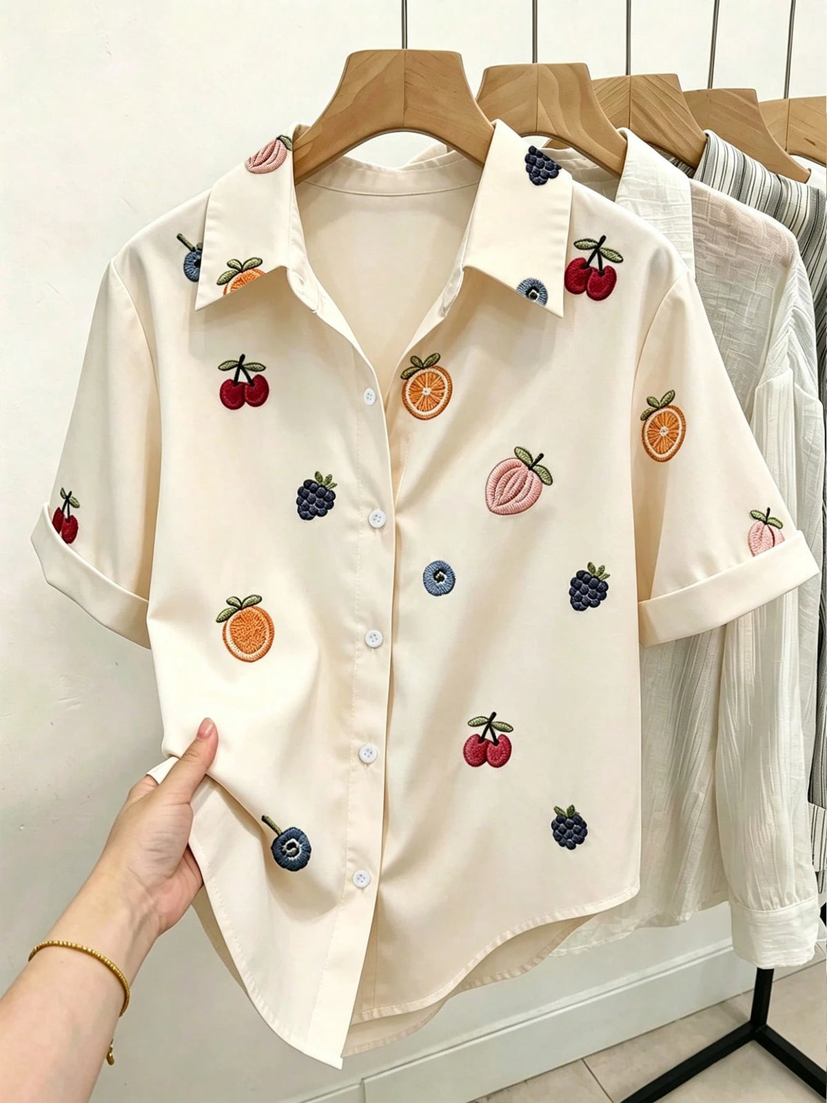 Resyla Women's Fruit Embroidery Short Sleeve Button-Down Casual Shirt