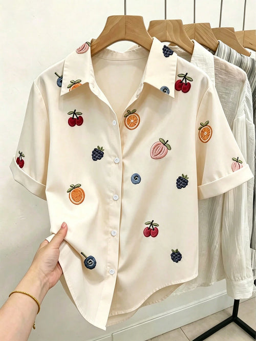 Resyla Women's Fruit Embroidery Short Sleeve Button-Down Casual Shirt