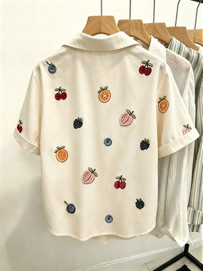 Resyla Women's Fruit Embroidery Short Sleeve Button-Down Casual Shirt