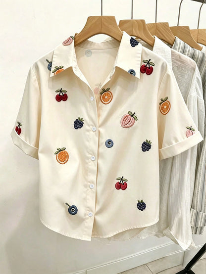 Resyla Women's Fruit Embroidery Short Sleeve Button-Down Casual Shirt