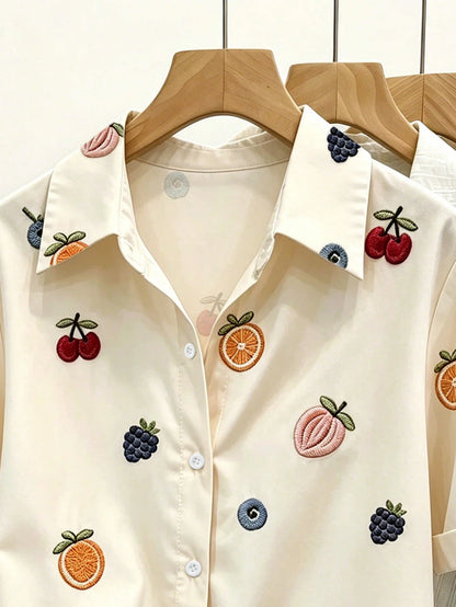 Resyla Women's Fruit Embroidery Short Sleeve Button-Down Casual Shirt