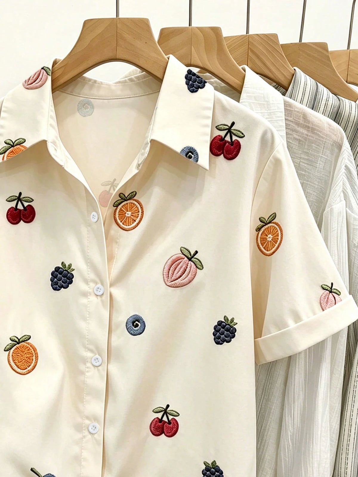 Resyla Women's Fruit Embroidery Short Sleeve Button-Down Casual Shirt