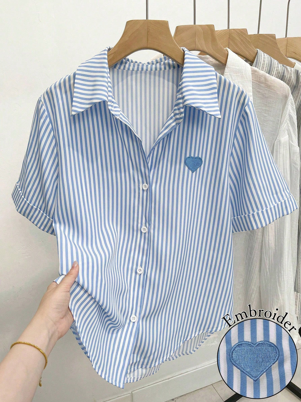 Resyla Women's Fruit Embroidery Short Sleeve Button-Down Casual Shirt
