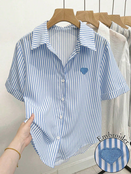 Resyla Women's Fruit Embroidery Short Sleeve Button-Down Casual Shirt