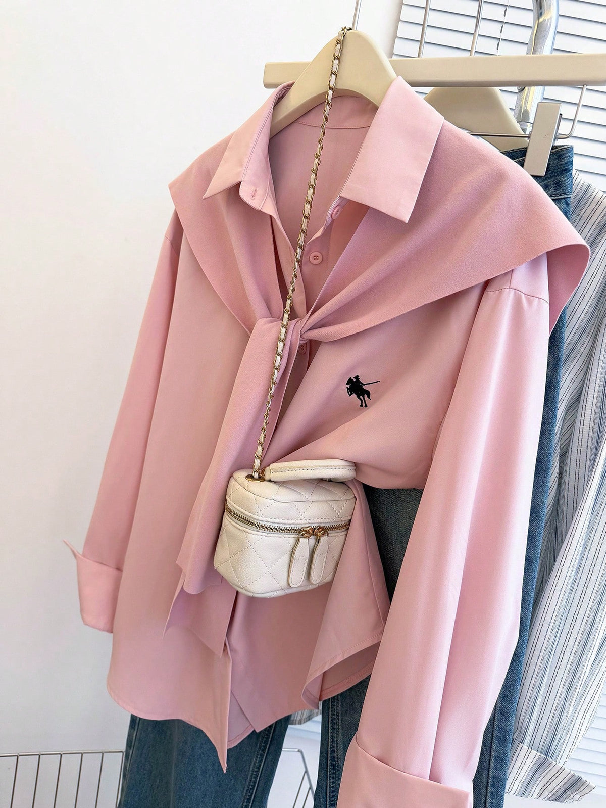 Resyla Women's Minimalist Embroidered Long Sleeve Shirt, Pink