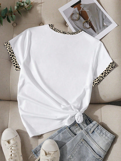 Resyla Women's White Summer Casual Cute City Break Short Sleeve T-Shirt,Colorblock Leopard Print Cute Dog Graphics,Relaxed Fit Versatile Daily Wear Outdoor