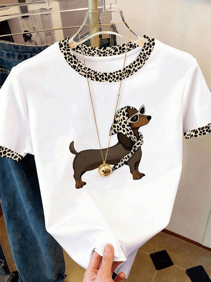 Resyla Women's White Summer Casual Cute City Break Short Sleeve T-Shirt,Colorblock Leopard Print Cute Dog Graphics,Relaxed Fit Versatile Daily Wear Outdoor