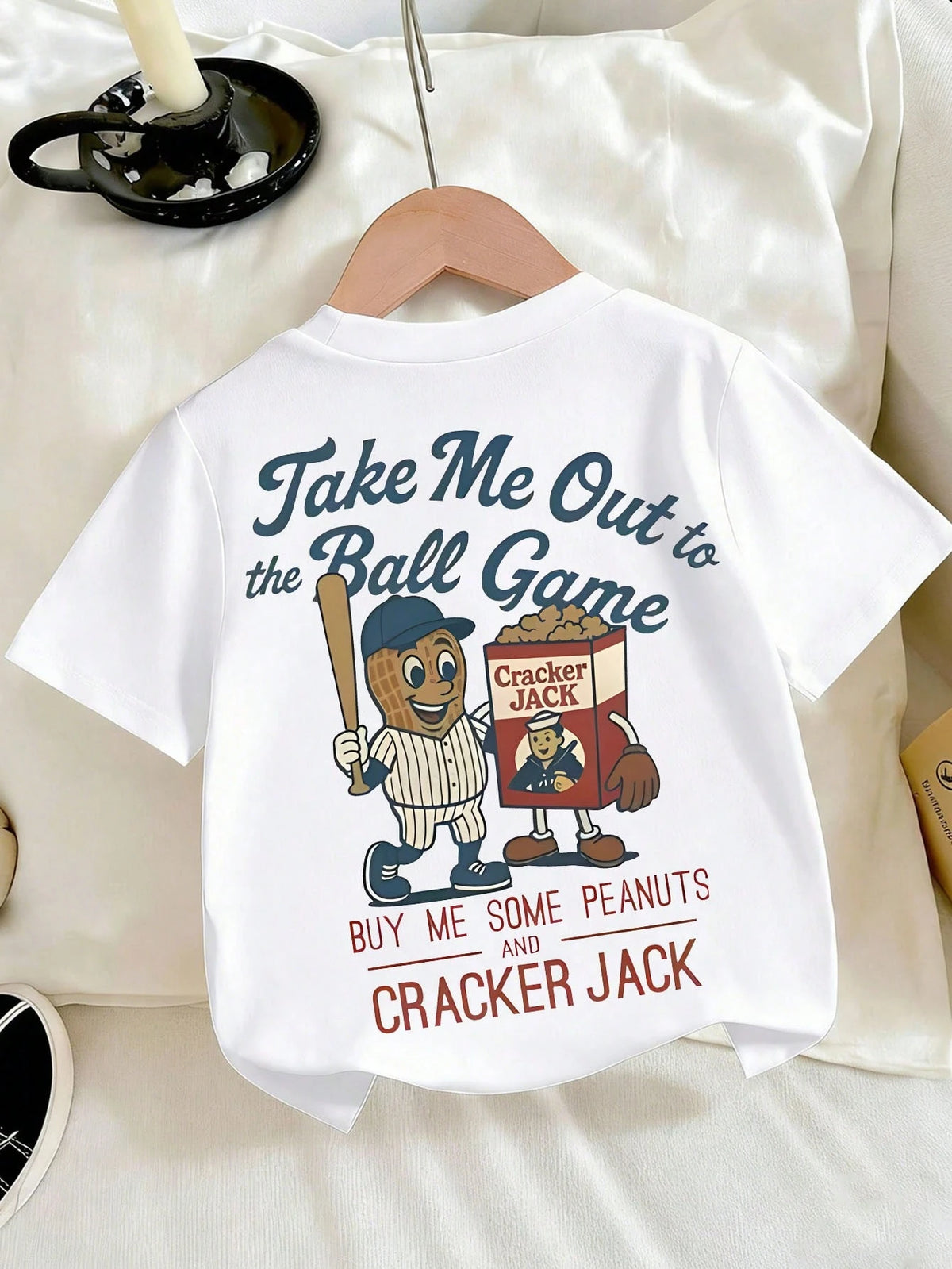 Retro Biscuits Jack Peanuts Baseball Cartoon Printed Baby T-Shirt Retro Baseball Song Casual Streetwear Top, Local Shipping