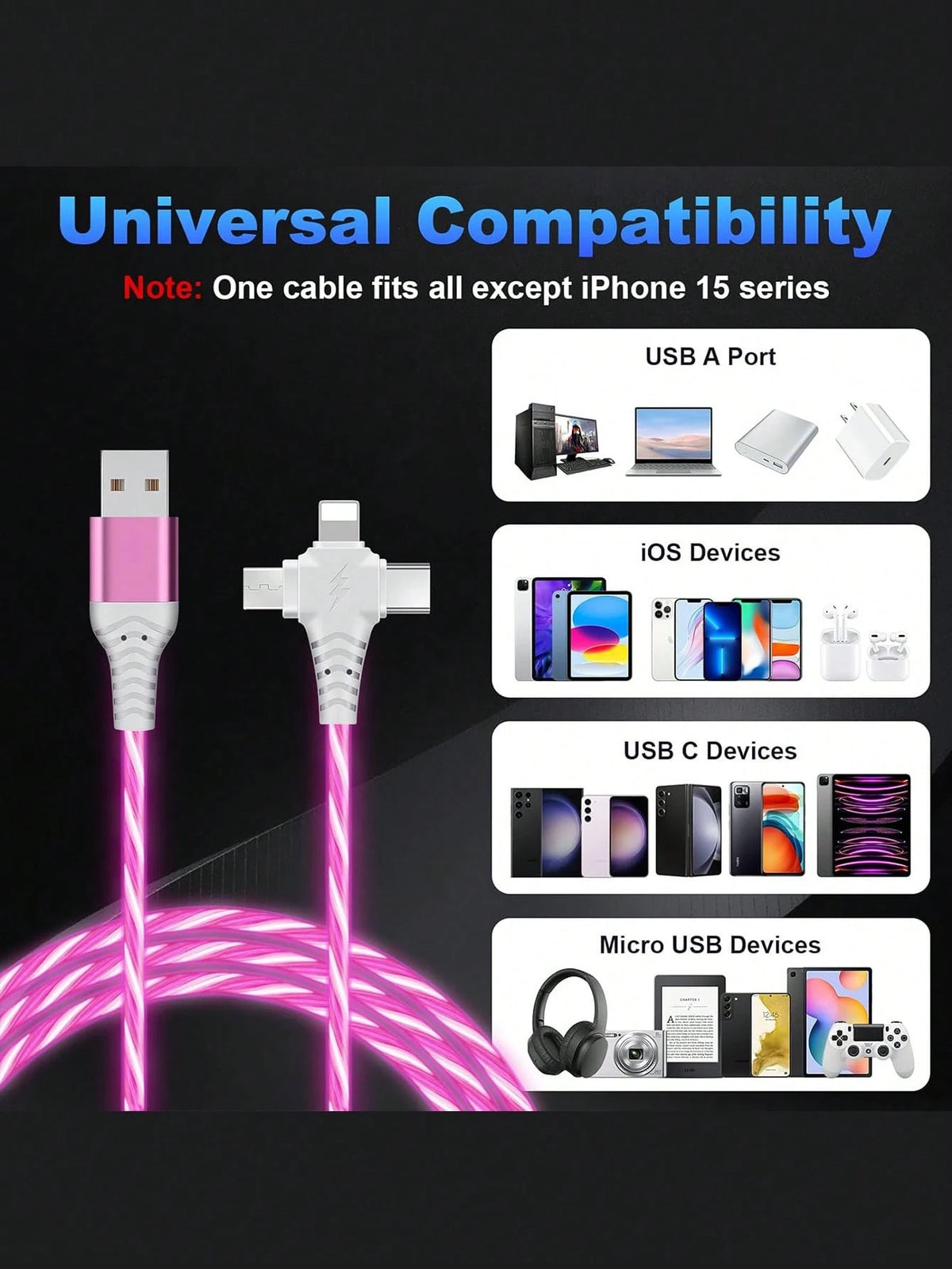 RGB Gradient LED Illuminated USB-C Fast Charging Cable, 3-In-1 Universal Charging Cord With Micro USB & Type-C Interfaces, 3.3ft/6.6ft, Compatible With IPhone, Android Phones, Cameras, MP3 Players, Na