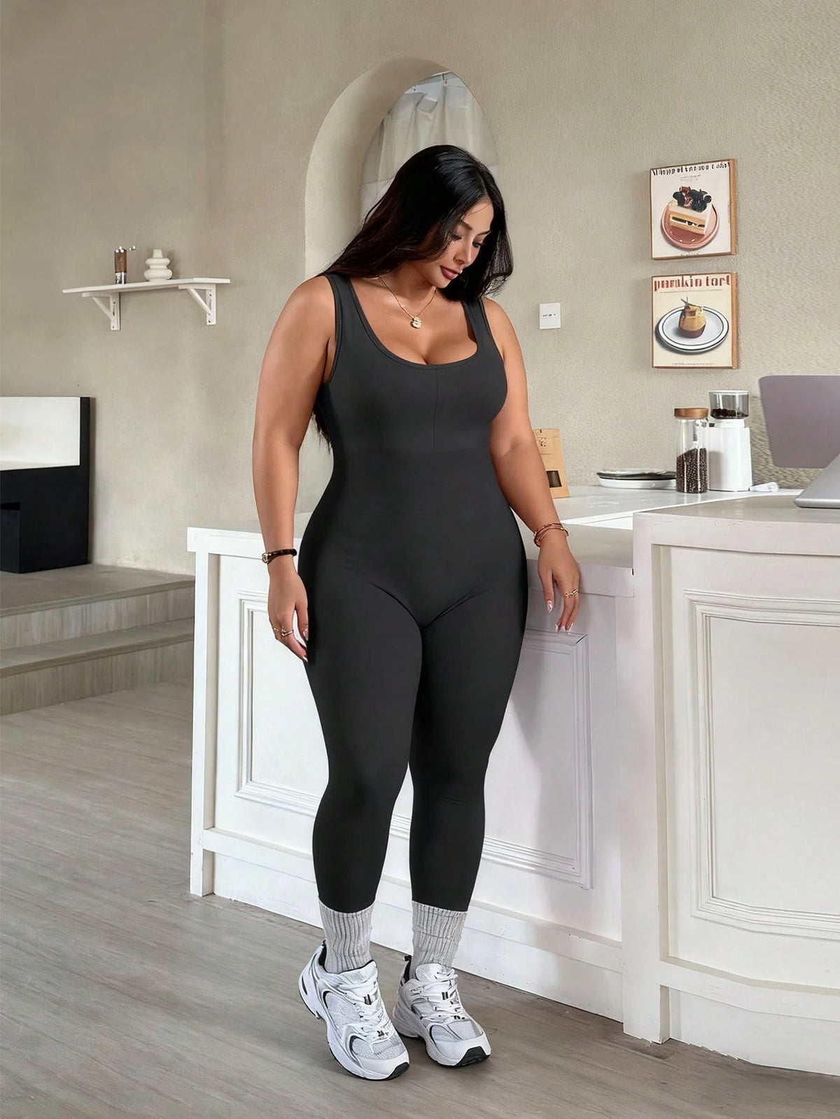 Rhythm Era 1pc Plus Size Black Fashion Backless Jumpsuit, Comfortable Elastic Seamless Knit Yoga Fitness Workout