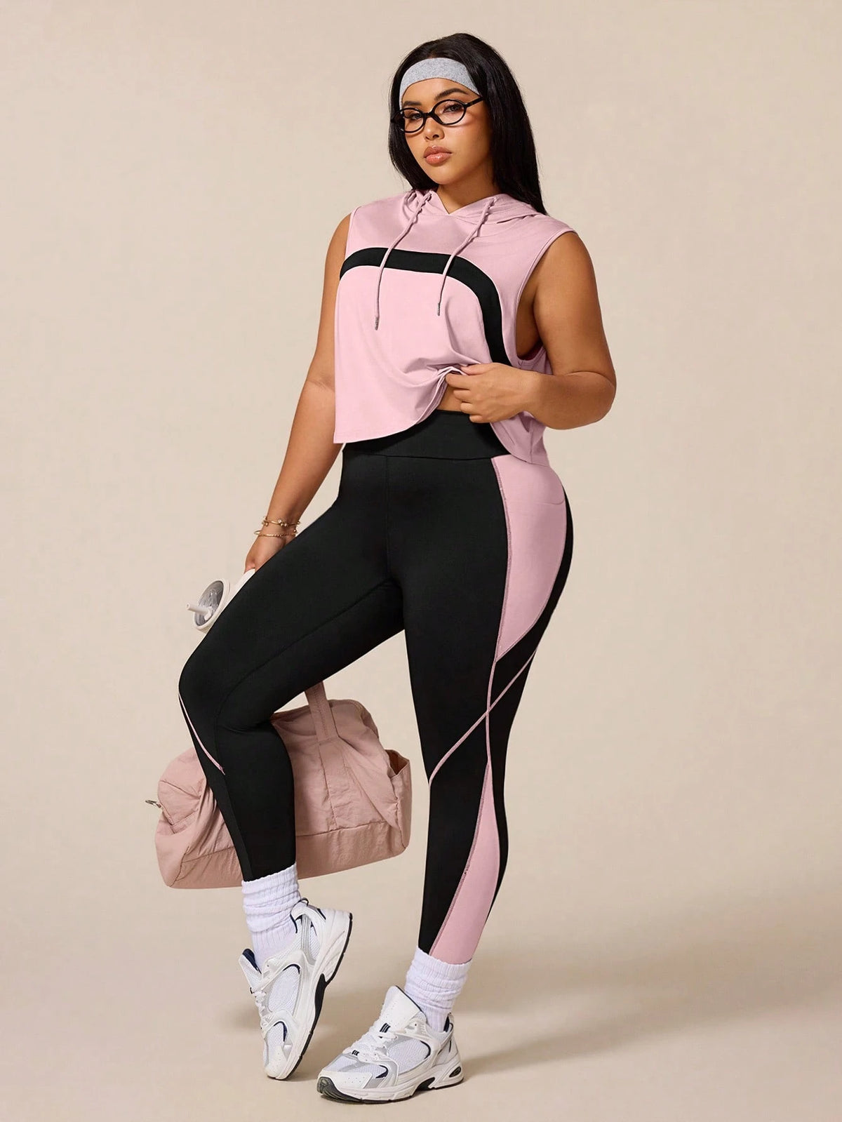 Rhythm Era Women's Black Summer Athletic Midsize Gym Plus Size Workout Sets,Drawstring Hooded Sleeveless Sweatshirt&Tight Contrast Color Leggings Active Wear