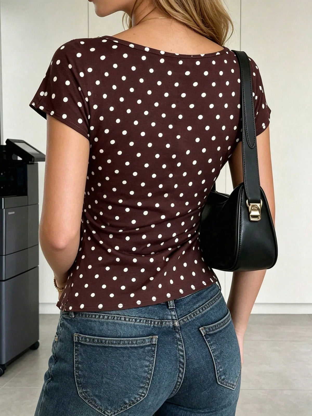 Ritzy Row Women's Brown And White Polka Dot Summer Classy Elegant Office Top, Fitted Waist, Casual Holiday Vacation Party