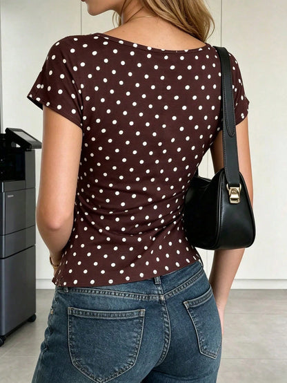 Ritzy Row Women's Brown And White Polka Dot Summer Classy Elegant Office Top, Fitted Waist, Casual Holiday Vacation Party
