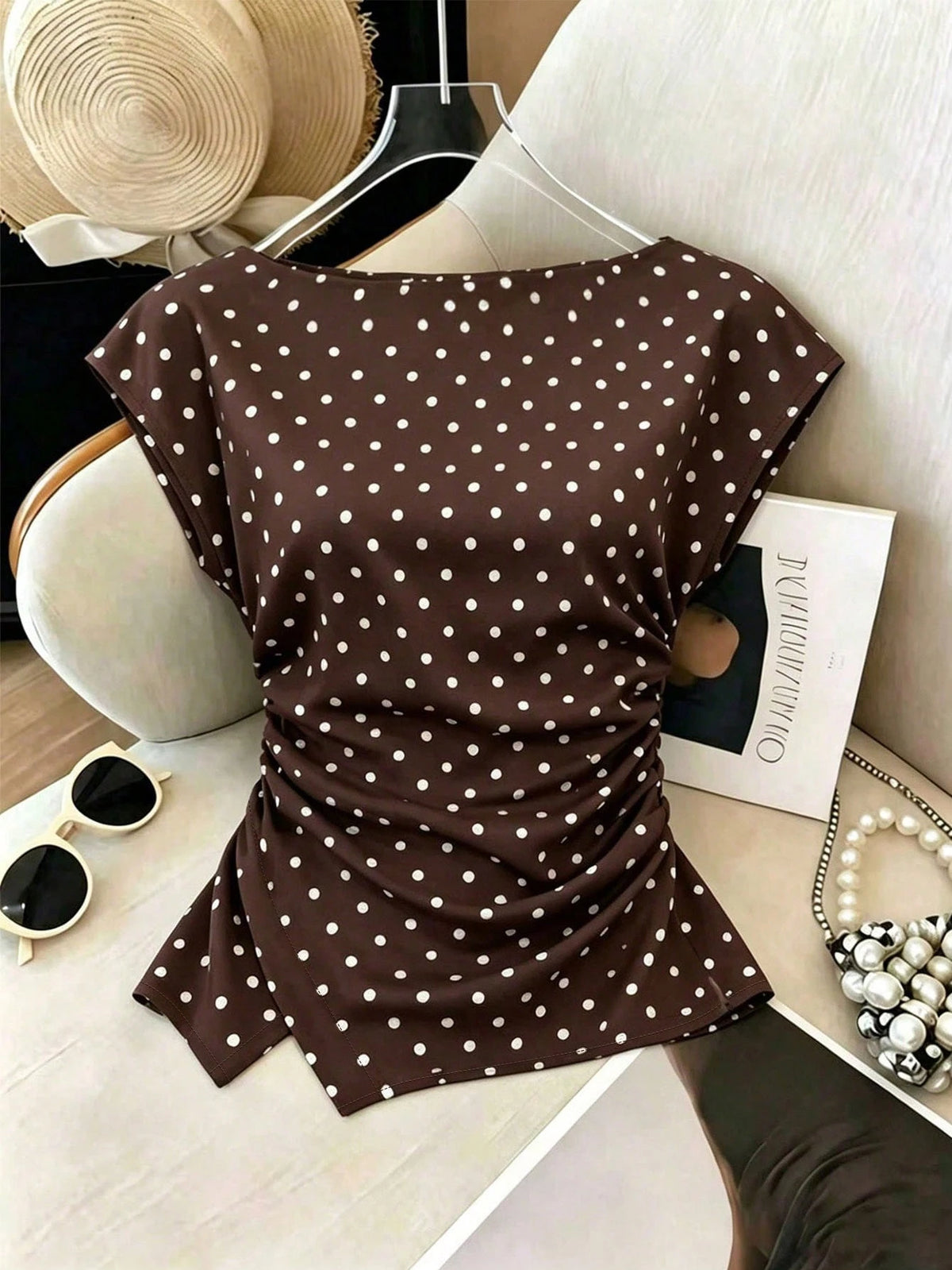 Ritzy Row Women's Brown And White Polka Dot Summer Classy Elegant Office Top, Fitted Waist, Casual Holiday Vacation Party