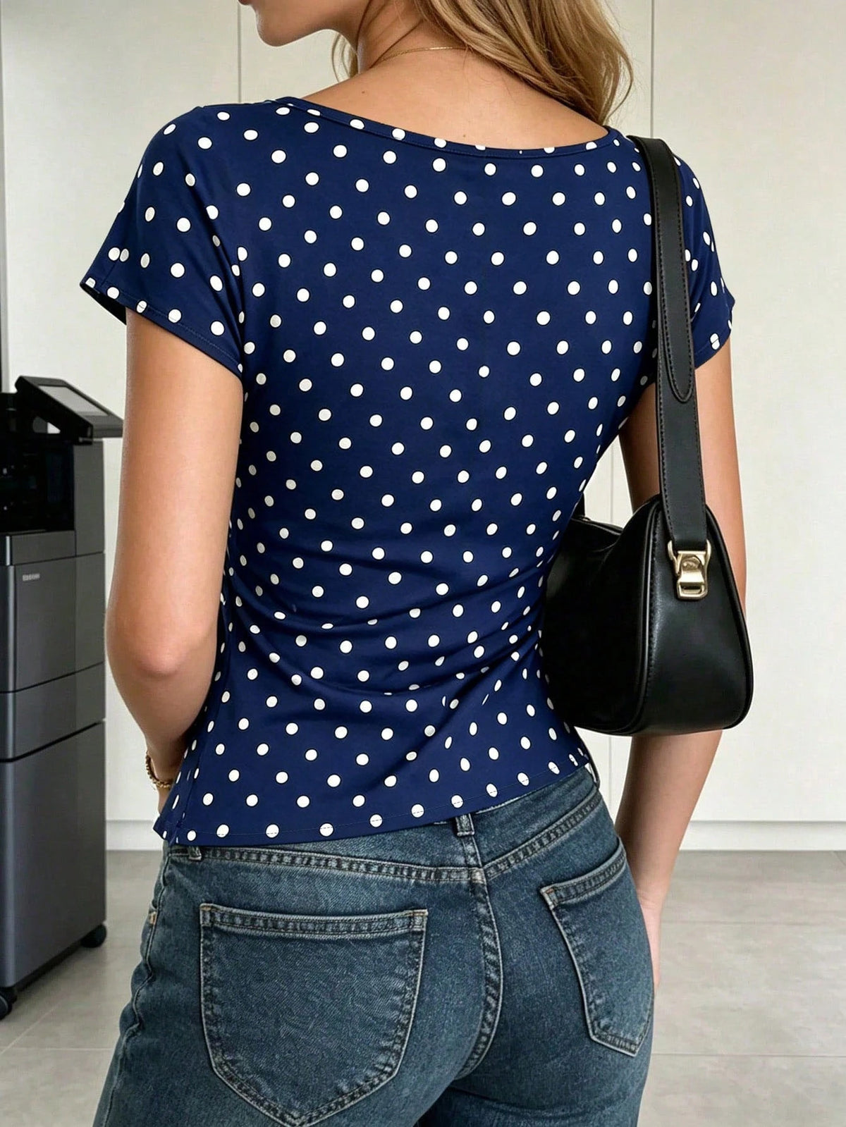 Ritzy Row Women's Brown And White Polka Dot Summer Classy Elegant Office Top, Fitted Waist, Casual Holiday Vacation Party
