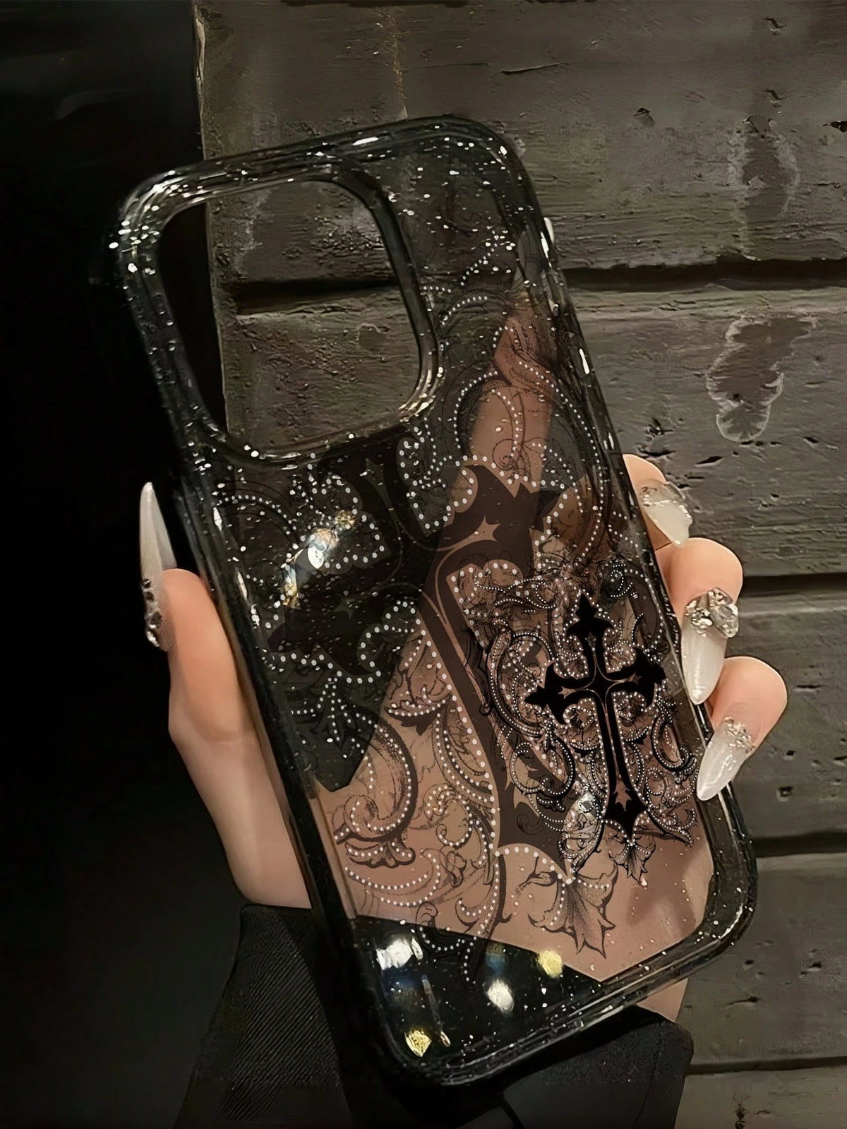 ROMWE 1pc Gothic Style Cross Pattern Transparent Glitter Phone Case, Halloween