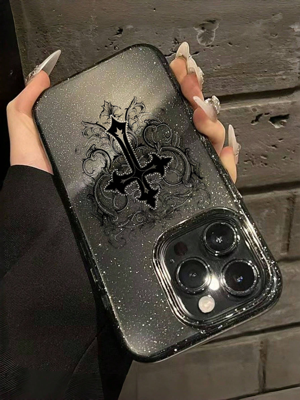ROMWE 1pc Gothic Style Cross Pattern Transparent Glitter Phone Case, Halloween