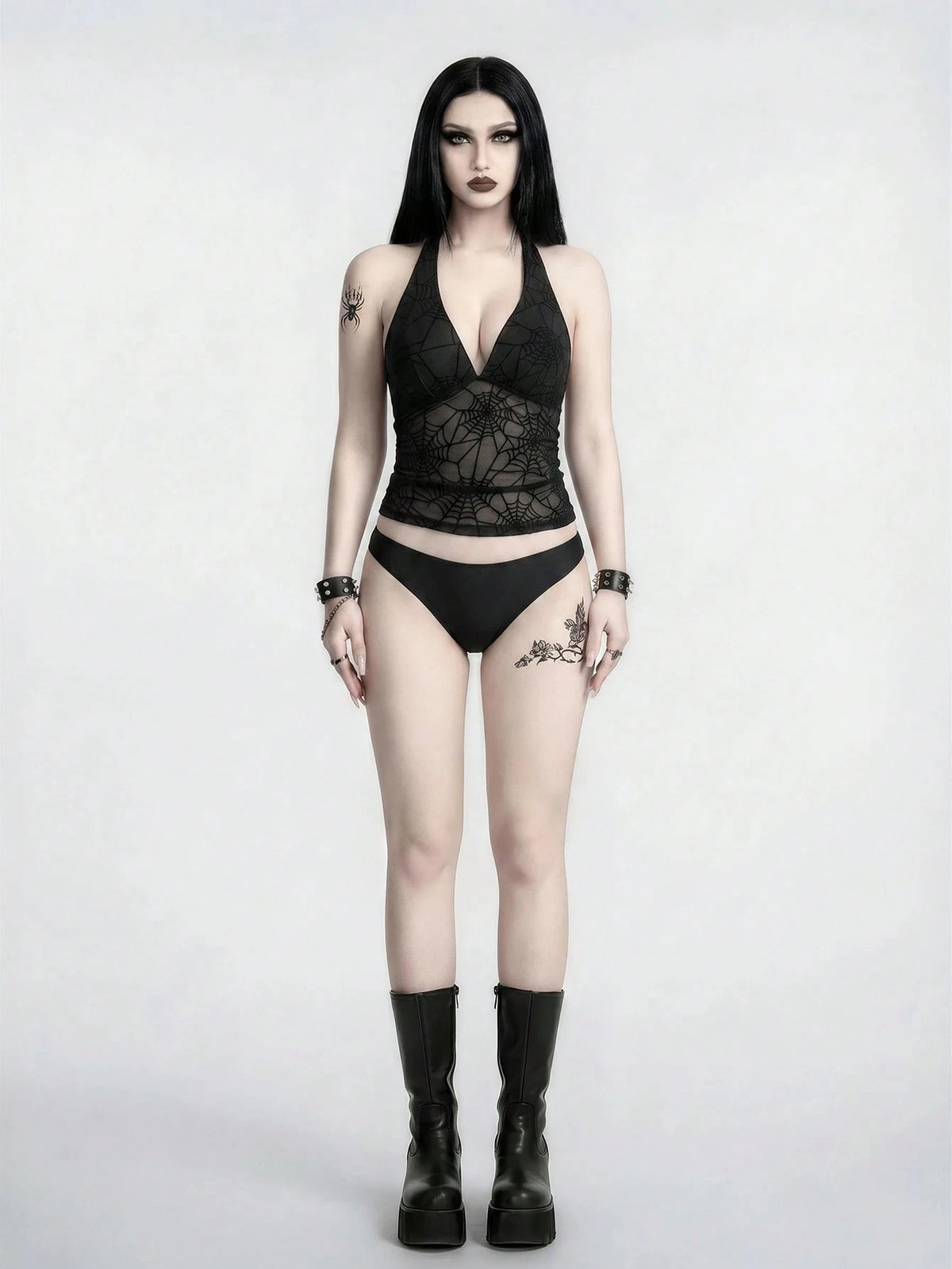 ROMWE 26SS Gothic Spider Web Black Mesh Heart Bikini Set, Summer Vacation