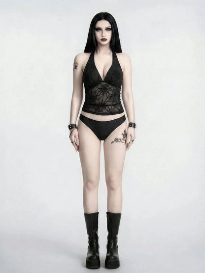ROMWE 26SS Gothic Spider Web Black Mesh Heart Bikini Set, Summer Vacation