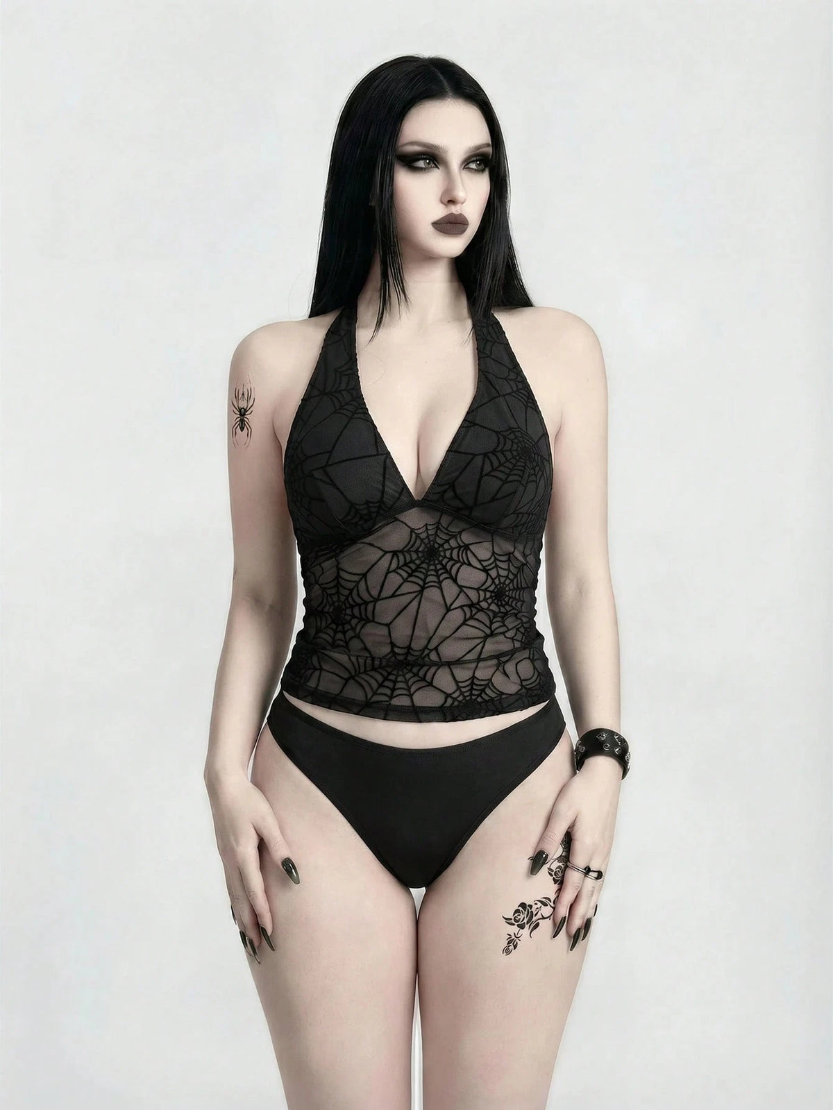 ROMWE 26SS Gothic Spider Web Black Mesh Heart Bikini Set, Summer Vacation