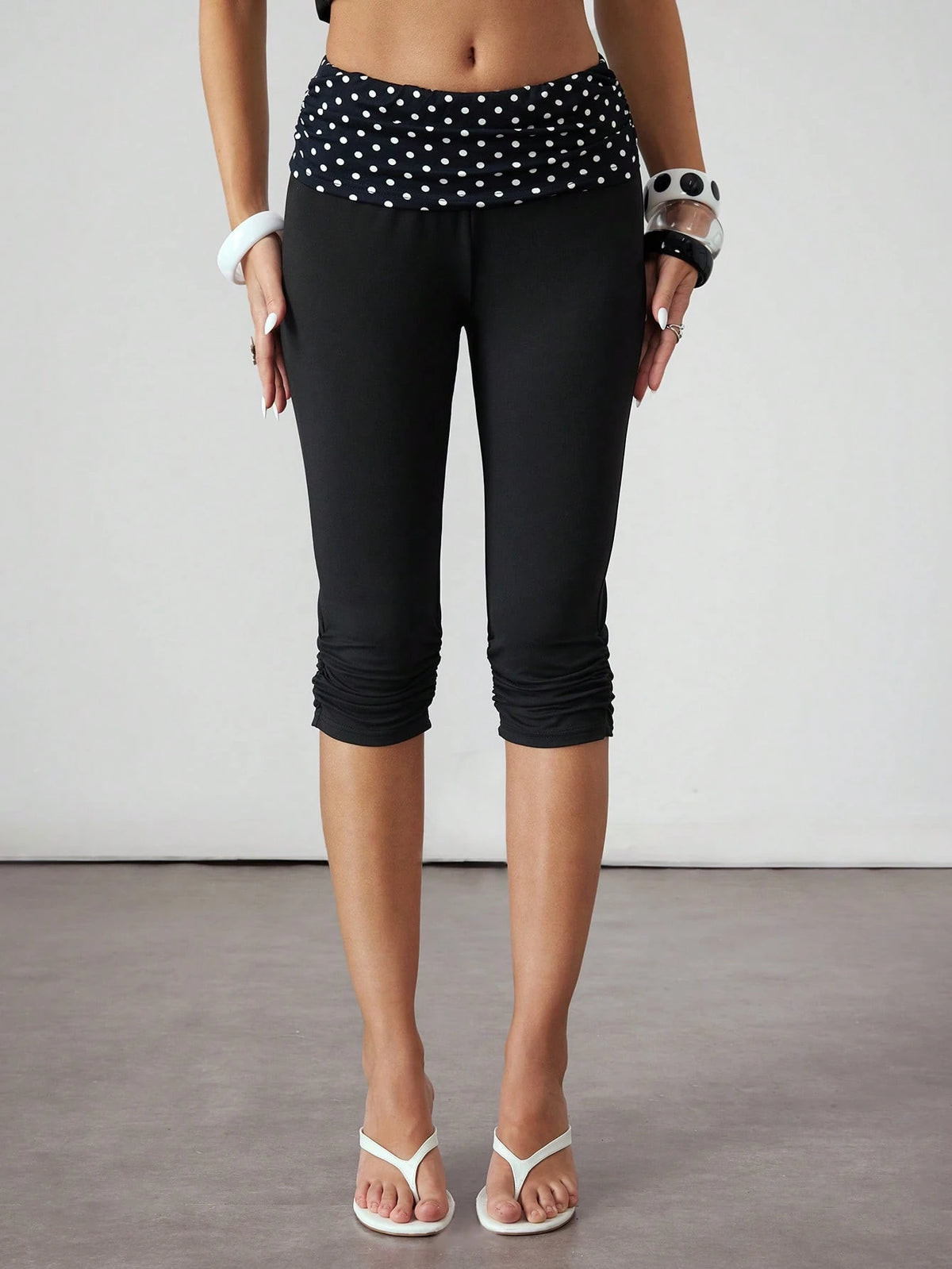 ROMWE Avant Spring/Summer Millennium Sicilian Holiday Vintage Polka Dot Patchwork Ruched Skinny Women 3/4 Pants