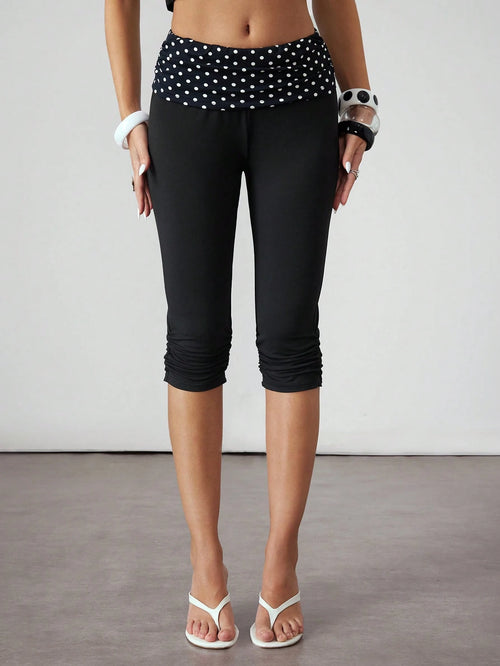 ROMWE Avant Spring/Summer Millennium Sicilian Holiday Vintage Polka Dot Patchwork Ruched Skinny Women 3/4 Pants