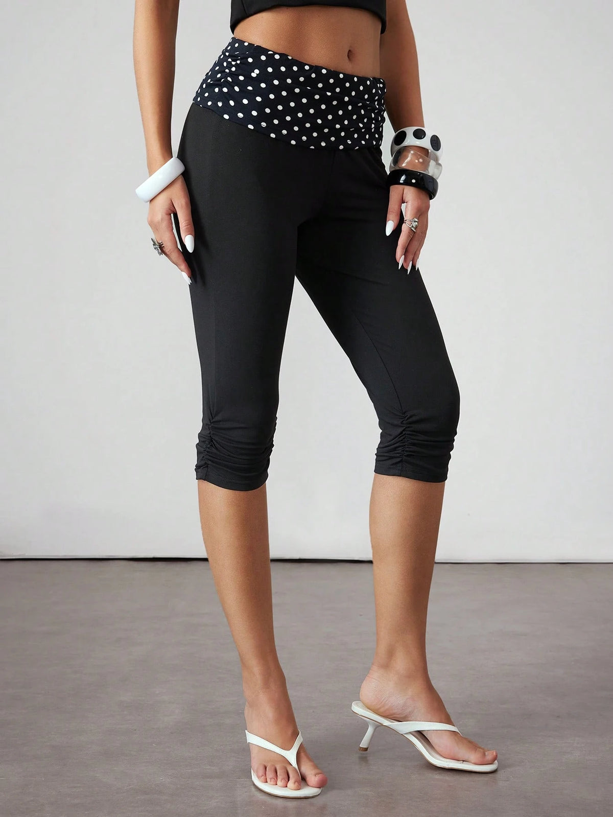 ROMWE Avant Spring/Summer Millennium Sicilian Holiday Vintage Polka Dot Patchwork Ruched Skinny Women 3/4 Pants