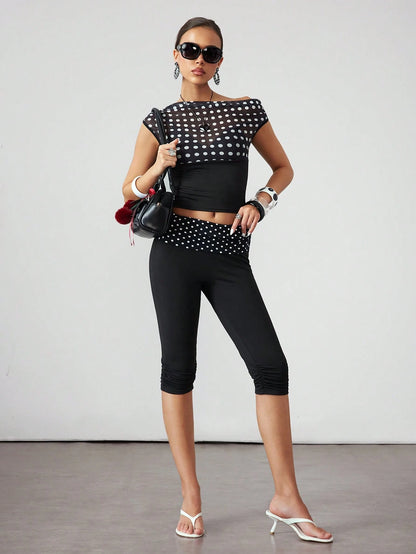 ROMWE Avant Spring/Summer Millennium Sicilian Holiday Vintage Polka Dot Patchwork Ruched Skinny Women 3/4 Pants