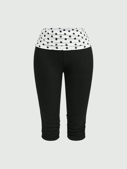 ROMWE Avant Spring/Summer Millennium Sicilian Holiday Vintage Polka Dot Patchwork Ruched Skinny Women 3/4 Pants