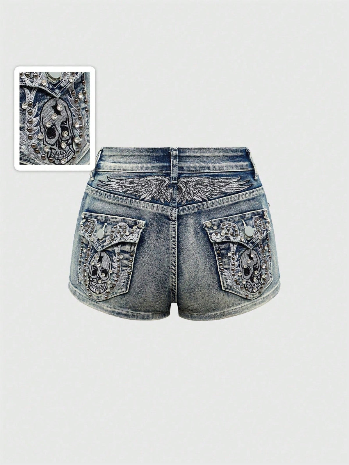ROMWE Avant Spring/Summer Women's Y2K Vintage Wing Skeleton Embroidered Super Short Low Waist Denim Shorts