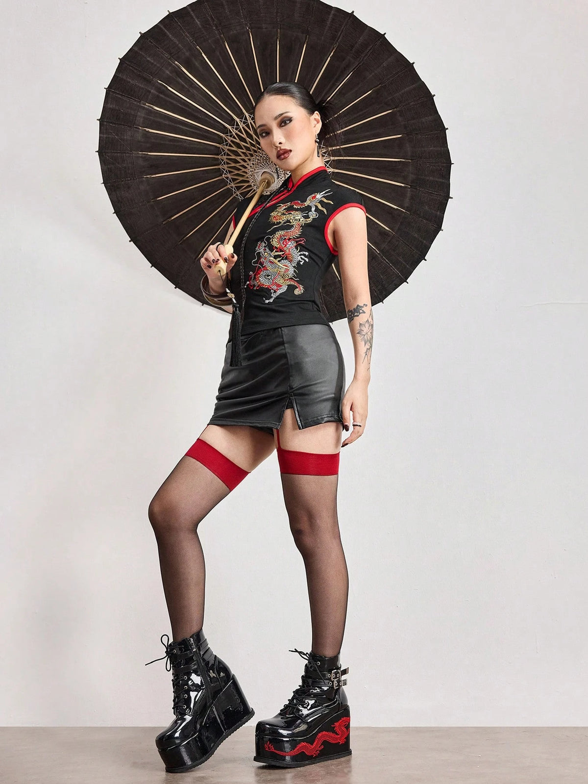 ROMWE Avant Spring/SummergraphicWomen's New Chinese Style Dragon Embroidery Chinese Painting Embroidery Pattern Improved Cheongsam Top