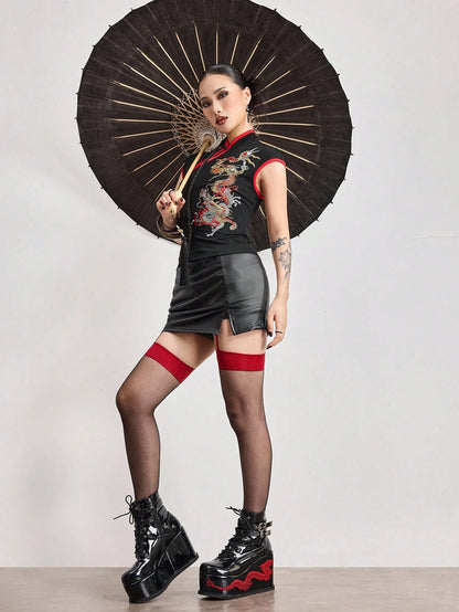 ROMWE Avant Spring/SummergraphicWomen's New Chinese Style Dragon Embroidery Chinese Painting Embroidery Pattern Improved Cheongsam Top
