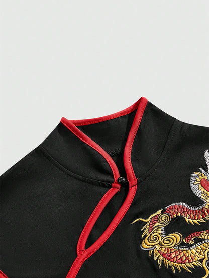 ROMWE Avant Spring/SummergraphicWomen's New Chinese Style Dragon Embroidery Chinese Painting Embroidery Pattern Improved Cheongsam Top