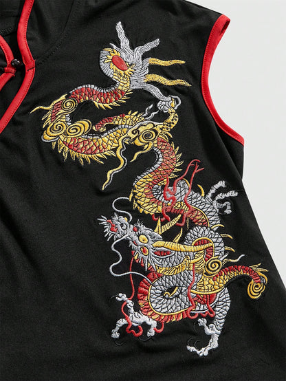 ROMWE Avant Spring/SummergraphicWomen's New Chinese Style Dragon Embroidery Chinese Painting Embroidery Pattern Improved Cheongsam Top