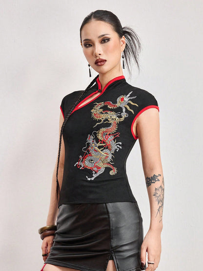 ROMWE Avant Spring/SummergraphicWomen's New Chinese Style Dragon Embroidery Chinese Painting Embroidery Pattern Improved Cheongsam Top