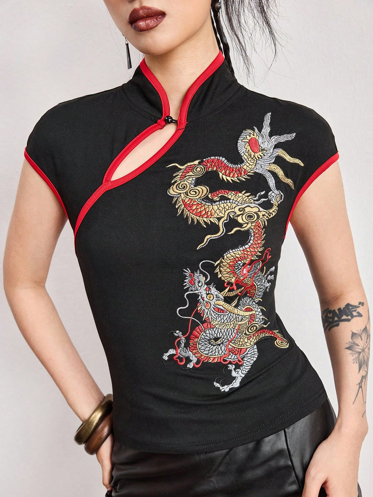 ROMWE Avant Spring/SummergraphicWomen's New Chinese Style Dragon Embroidery Chinese Painting Embroidery Pattern Improved Cheongsam Top