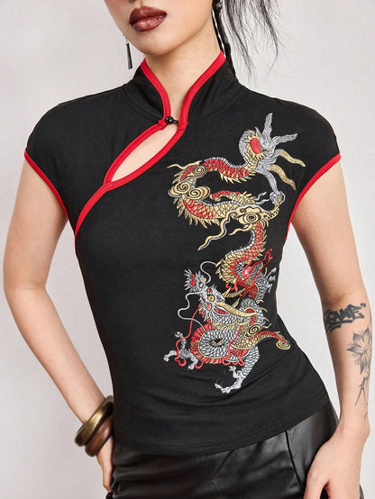 ROMWE Avant Spring/SummergraphicWomen's New Chinese Style Dragon Embroidery Chinese Painting Embroidery Pattern Improved Cheongsam Top