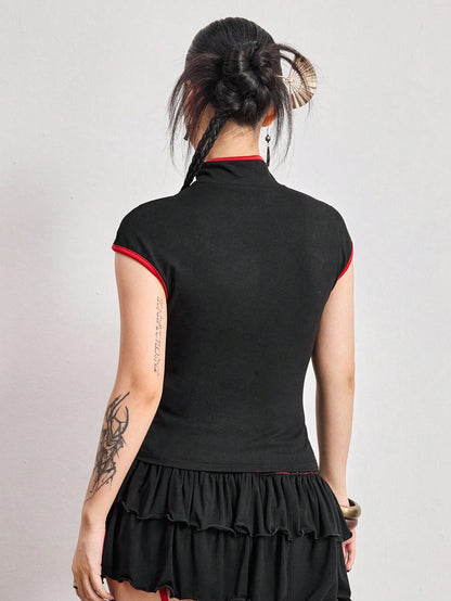 ROMWE Avant Spring/SummergraphicWomen's New Chinese Style Dragon Embroidery Chinese Painting Embroidery Pattern Improved Cheongsam Top