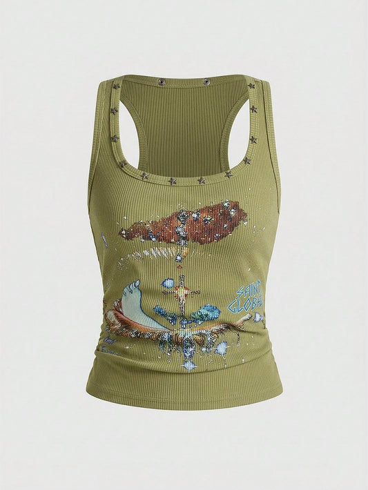 ROMWE Avant Women's Retro Baddie Unisex Streetwear Starry Sky & Rivet Print Tank Top