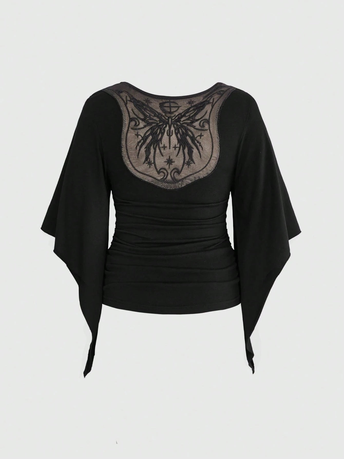 ROMWE Goth Vintage Waist-Cinching Flare Sleeve Comfortable Fabric Mysterious Butterfly Embroidered Mesh Sheer Plus Size T-Shirt