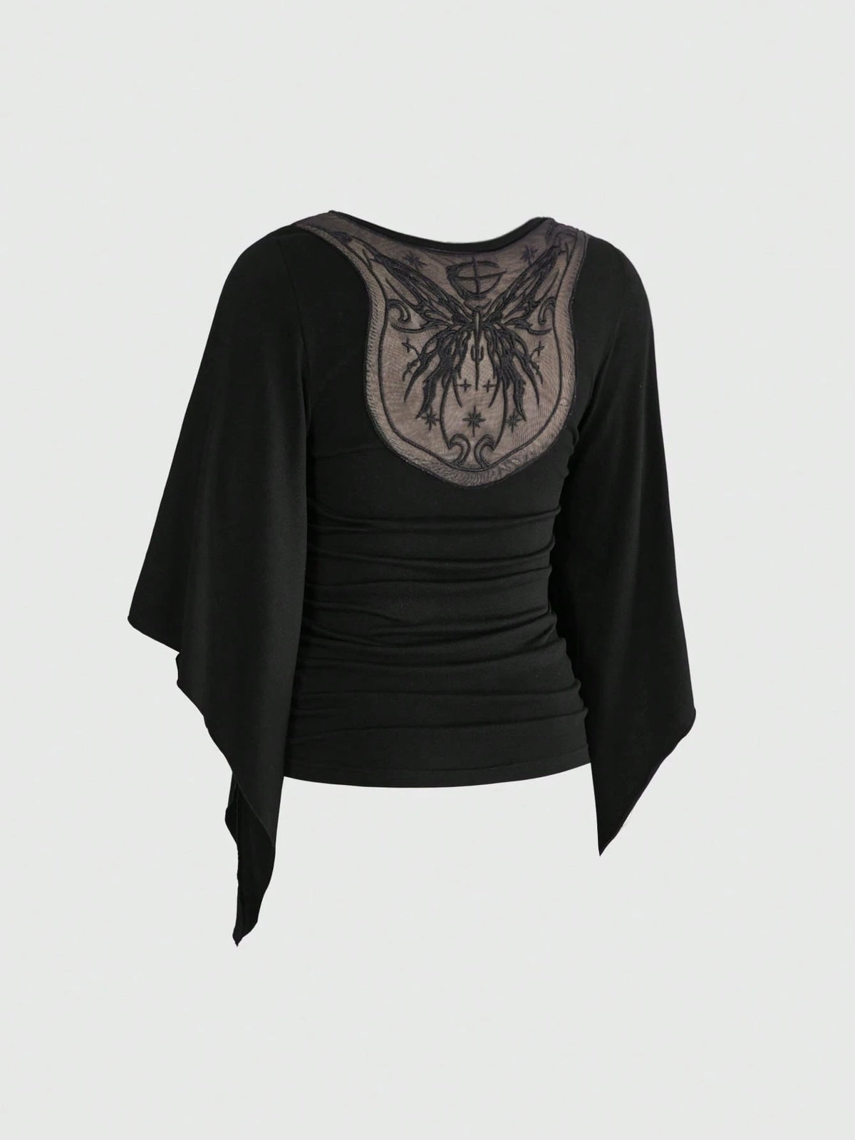 ROMWE Goth Vintage Waist-Cinching Flare Sleeve Comfortable Fabric Mysterious Butterfly Embroidered Mesh Sheer Plus Size T-Shirt