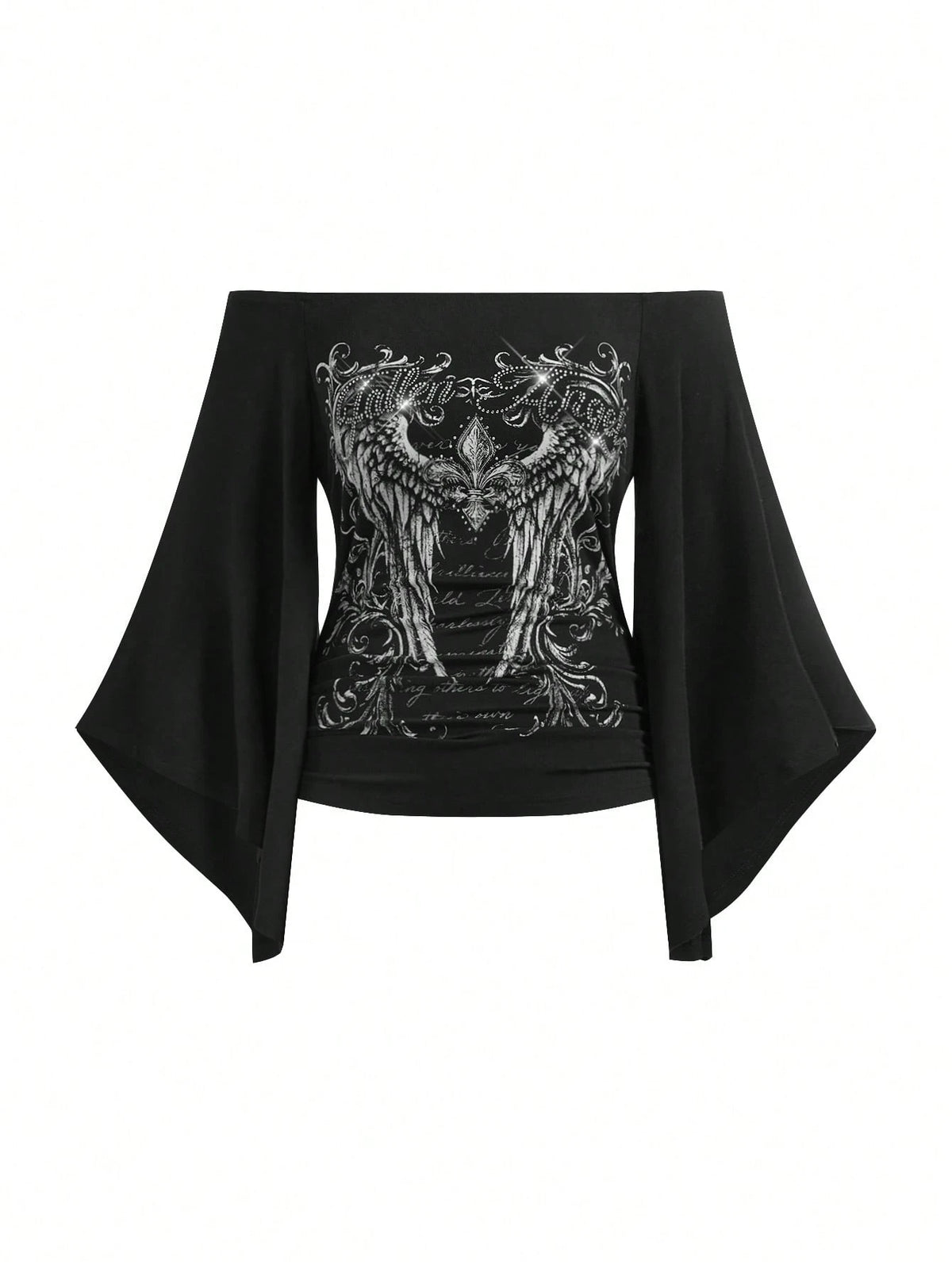 ROMWE Gothic Iris Wing Rhinestone Letter Print Asymmetrical Sleeve Plus Size Women's Top, Off-Shoulder Women's Top Fall